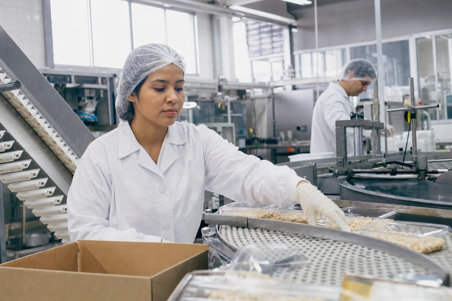 Trabalhadora embalando produtos numa fábrica de alimentos